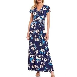 Eliza J Festive Blue Faux Wrap Stretch Maxi Dress Floral Size 4 Spring Wedding